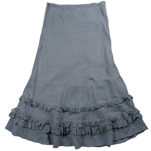 Kew Vintage Slate Blue Linen Prairie Skirt with Gauze Ruffle Size 12 - Picture 1 of 5